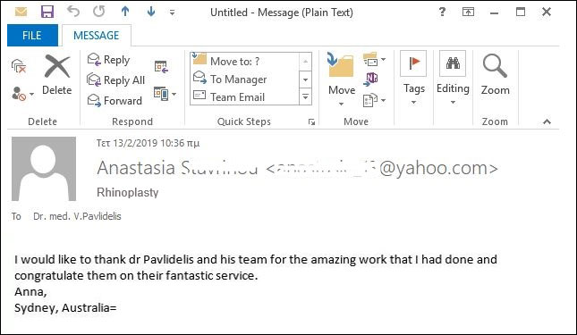 Eμπειρίες και σχόλια για πλαστική μύτης  ρινοπλαστική της κ. Αναστασίας Στ...ού, από Σίδνεϊ, Αυστραλία, Φεβρουάριος 2019